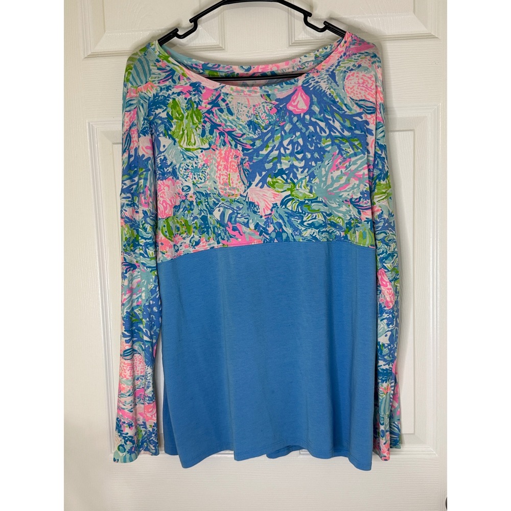 Lilly Pulitzer Etta Top Women Medium Blue Pink Floral Long Sleeve Mermaidcore